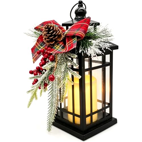 YuQi 14" Black Metal Christmas Lantern w/ LED Candle - Middle Variation (Fall Harvest Thanksgiving)