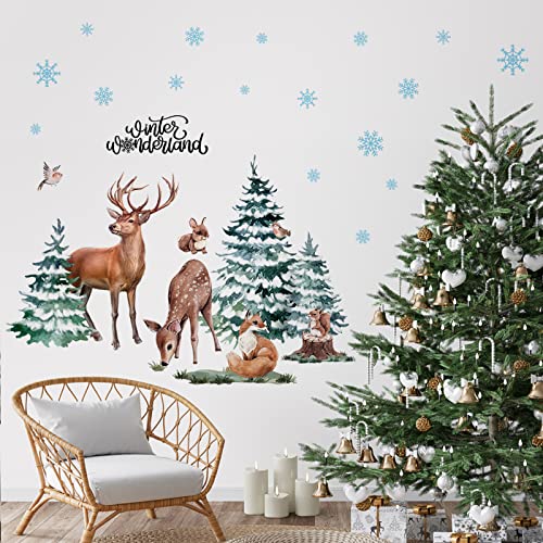 Mfault Winter Christmas Forest Deer Wall Decals Stickers, Xmas Wonderland Pine Tree Animals Elk Squirrel Rabbit Nursery Christmas Decorations Kids Bedroom Art, Snowflakes Baby Boys Girls Room Decor
