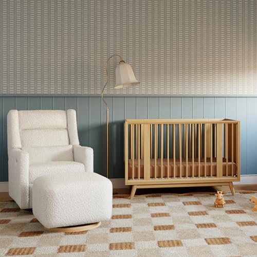 Cream Shearling Gliding Ottoman with Light Wood Base for Nursery