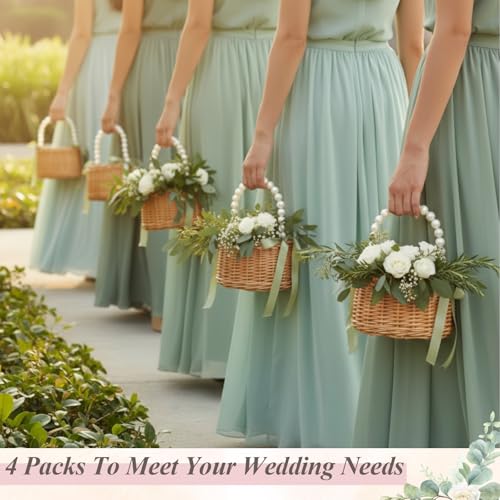 4 Pcs Wicker Flower Girl Baskets with Handles, Pearls and Green Ribbon