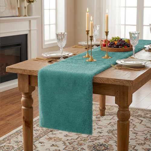 Teal Blue Faux Fur Table Runner 11.8 x 47.2 inches - Ultra Soft, Anti-Slip Backing