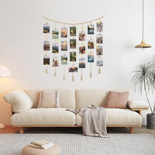 Macrame Hanging Photo Display with String Lights and Wooden Beads