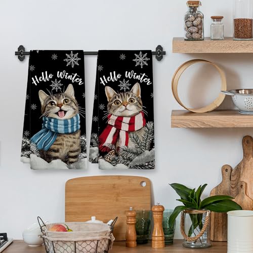 XNXLDYLH Hello Winter Cat Kitchen Towels Set for Cats Lovers, Christmas Snowflake Dish Hand Towels, 16x24 Inch - Cat Variation
