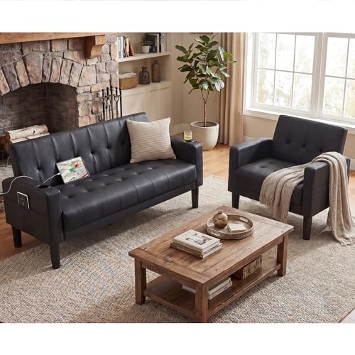 Modern PU Leather Loveseat and Chair Set with USB Charging and Cup Holders