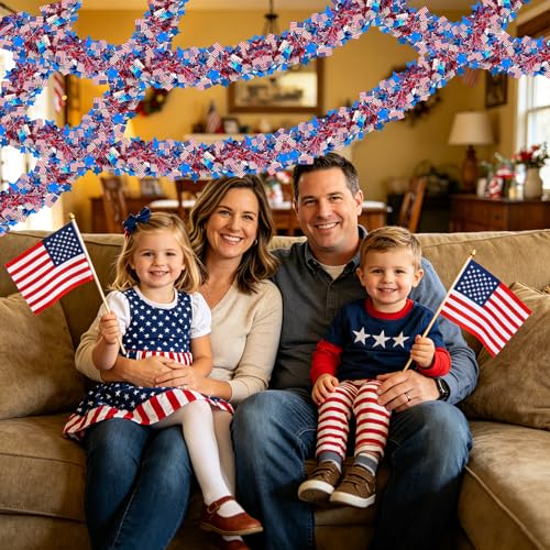 50ft Patriotic Tinsel Garland with American Flags - Red White & Blue Decor