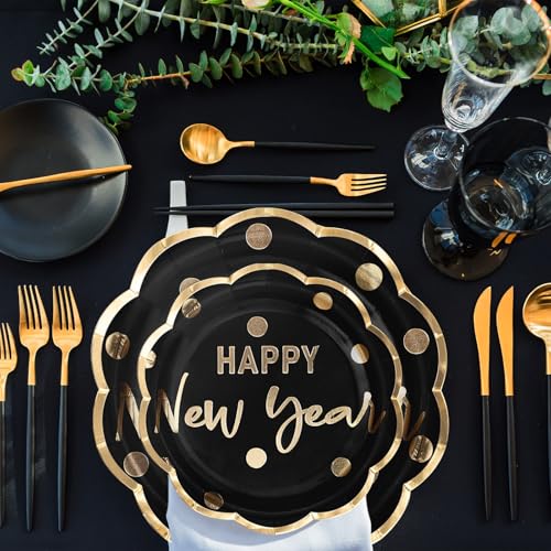 LeZakaa 25Pcs Christmas Paper Plates 7 Inch Black & Gold New Year Design