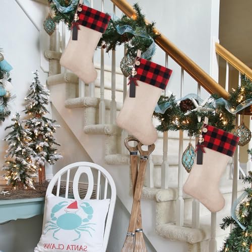 Personalized Burlap Christmas Stockings 5 Pcs with Buffalo Plaid Cuff & Wooden Name Tags - DIY Name + 19.5in (Shgngle, 5pcs)