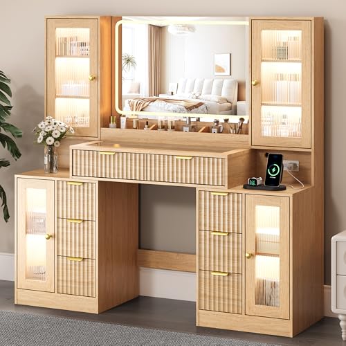 55" Large Makeup Vanity Desk with Lighted Mirror, Charging Station & Storage