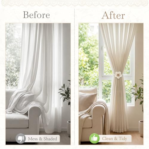 Boho Magnetic Curtain Tiebacks - Rustic Linen Cotton Flower Holdbacks (2 Pcs)