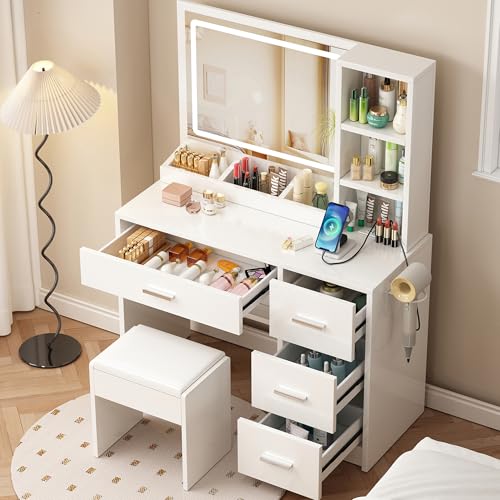 Vanity Desk with Mirror and Lights, 4-Drawer Makeup Table Set with Bench
