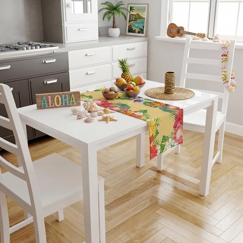 Tropical Hibiscus Palm Leaf Table Runner - 73-Inch Luau Party Decor