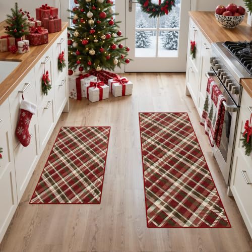 GENIMO Christmas Kitchen Rugs Set of 2, 20x32 + 20x48, Non-Slip, Red Beige
