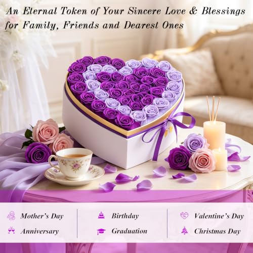 Eluvian Forever Flowers Purple Roses Two Heart-Shaped Box Gift for Women - Anniversary, Valentine's, Wedding