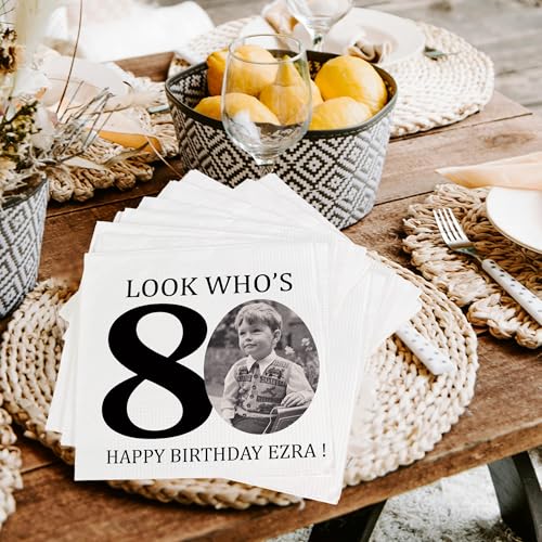 Personalized 80th Birthday Photo Napkins - Look Who's 80 Party Supplies, Cocktail & Beverage Size, Customizable