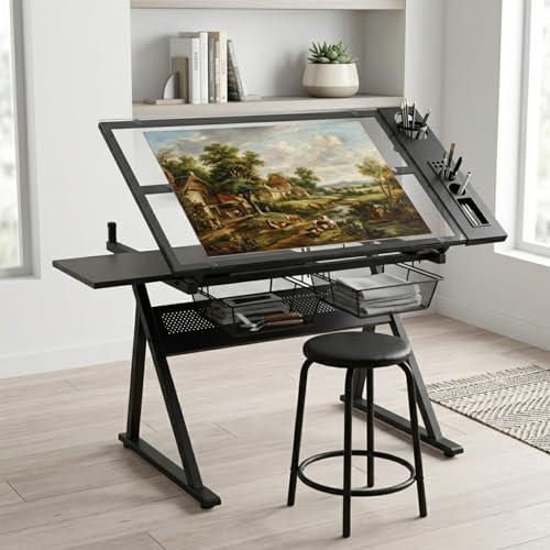 Adjustable Drafting Table with Stool, Tiltable Glass Top Art Workstation