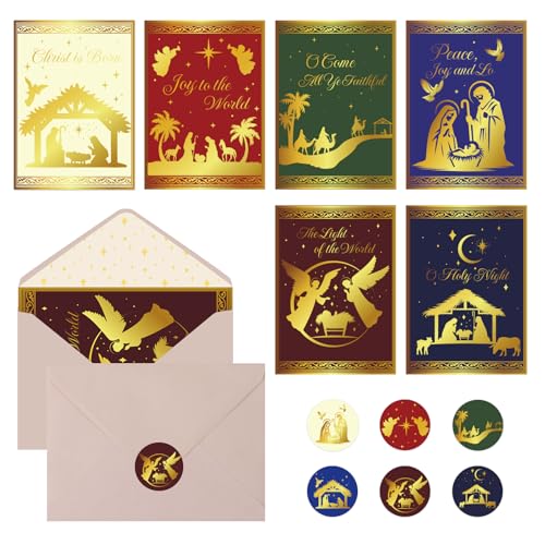 Religious Christmas Cards Set with Envelopes & Stickers - Gold Foil Embossed 5x7in (Religious Style, 24 Pack)