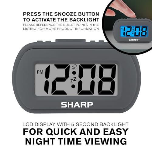 Compact Digital Battery Alarm Clock with Backlight & Snooze - Charcoal Black