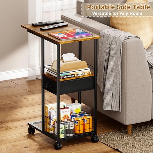 C-Shaped Rolling Side Table with Storage Drawer and Wheels for Living Room