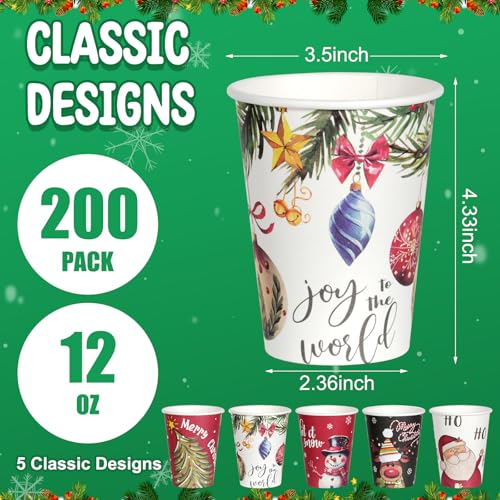 Hallswl 200Pcs 12 oz Christmas Paper Cups with Lids - Santa Snowman Holly Design (40 per pattern)