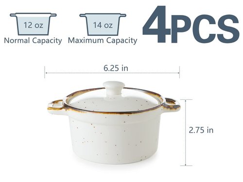 ONEMORE Ramekins with Lids, 12 oz Ceramic Small Casserole Dish with Handles & Brown Rim for Baking Soup, Speckled Oven Safe Mini Dutch Oven Rustic Cocotte Set of 4 for Individual Serving, Creamy White