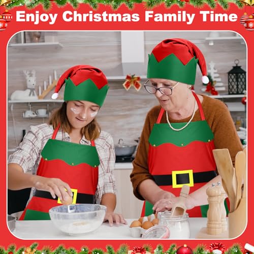 Handepo 12 Sets Christmas Apron and Hat Elf Costume Kit for Adults Women Red Classic