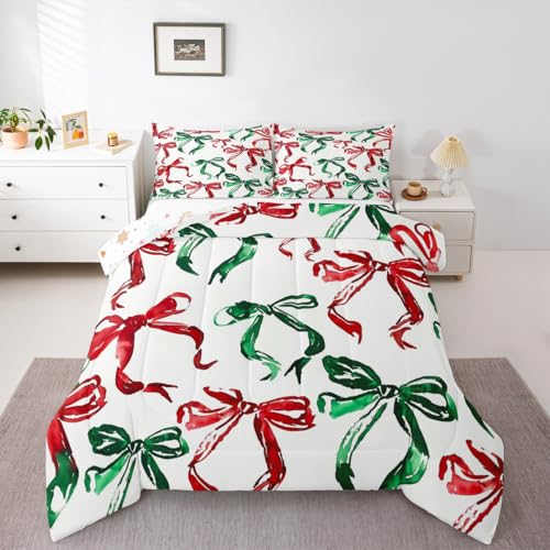 Erosebridal Watercolor Kids Bedding Set Full Size Bowknot Comforter with Pillowcases - Red Green