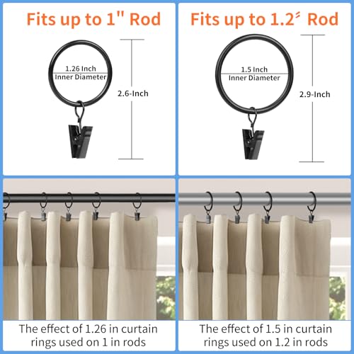 42 Pack Metal Curtain Rings with Clips, 1.26 Inch Interior Diameter, Black