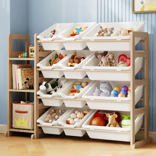 Solid Wood Kids Toy Storage Organizer with Bookshelf & 12 Bins, White