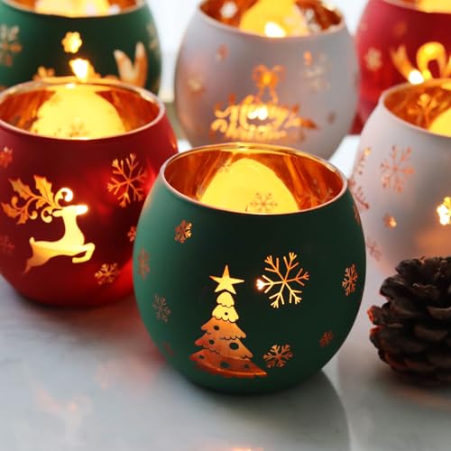 Christmas Glass Votive Candle Holders Set of 6 - Holiday Table Centerpiece