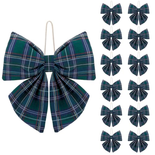 Rivvlive Green Tartan Christmas Bows Ornaments - 4 Inch Holiday Decor, 12 Pack