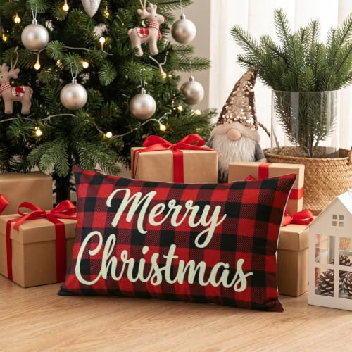 Artscope Joy Merry Christmas Lumbar Throw Pillow Covers 16x24 in Black & Red (Set of 2)