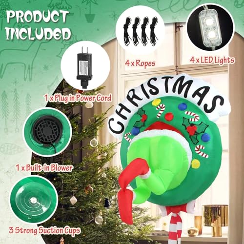 Boveco Christmas Inflatable Outdoor Decoration Green Ugly Monster Wreath with LED Lights - Holiday Yard & Window Decor