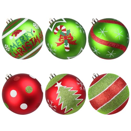 Lanpn 6Pcs 6" Extra Large Outdoor Christmas Ornaments – Red & Green Glitter Ball Decorations