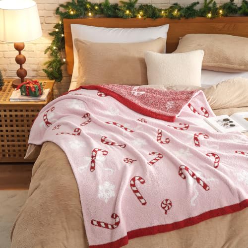 Snuggle Sac Pink Candy Cane Bow Christmas Throw Blanket 50x60 in - Ultra Soft Plaid Snowflake