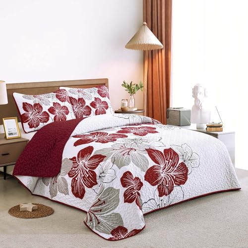 King Size Christmas Red Floral Boho Quilt Set 3 Pieces - DJY