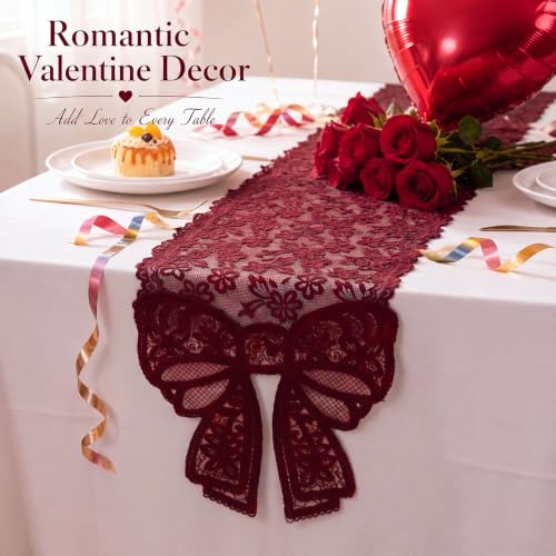 Windkream Burgundy Lace Table Runner with Bow Ends 12x71 Inch for Holiday & Wedding Decor