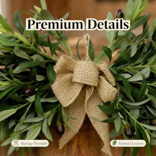 26-Inch Artificial Olive Leaf Swag with Burlap Bow for Farmhouse Decor