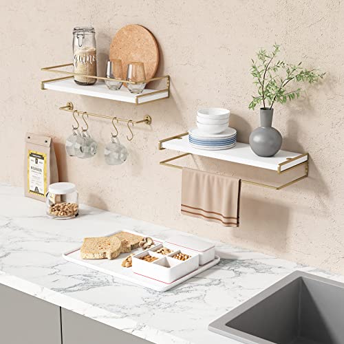 Floating Bathroom Shelves with Towel Bar, Set of 2 White and Gold Wall Shelves