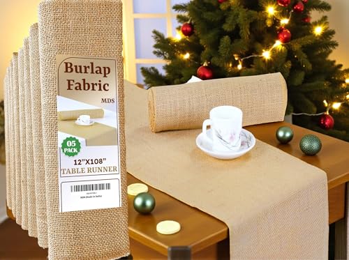 Pack of 5 Natural Burlap Table Runners 12 x 108 Inch - Jute, Rustic