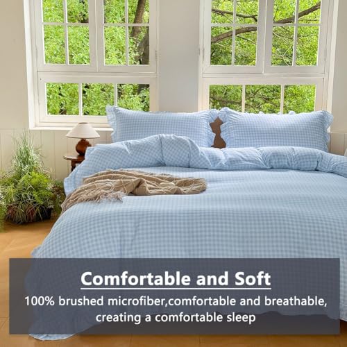 Light Blue Gingham Twin Duvet Cover Set with Ruffles - Plaid Bedding