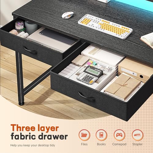31-Inch Small Computer Desk with LED Lights, 2 Fabric Drawers & Monitor Stand