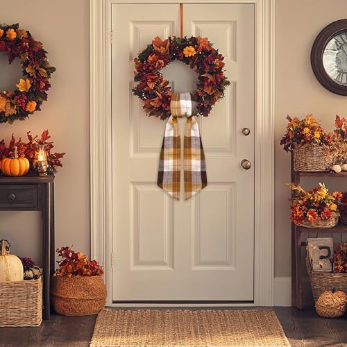 Fall Buffalo Plaid Wreath Sash Orange Check Cotton Ribbon for Front Door