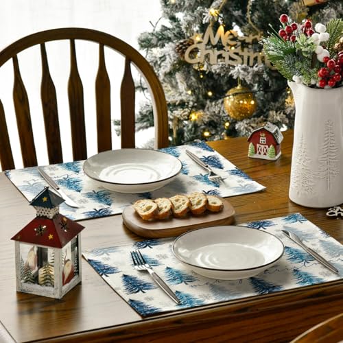 Artoid Mode Blue Christmas Placemats Set of 6, 12x18 Inch Seasonal Table Decor