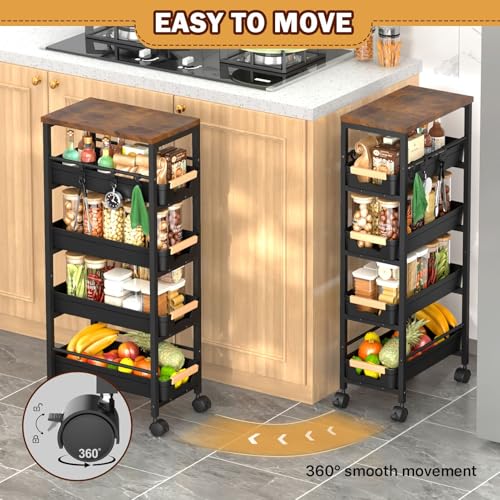 5-Tier Slim Storage Cart with Wheels & Wooden Top, Narrow Utility Cart