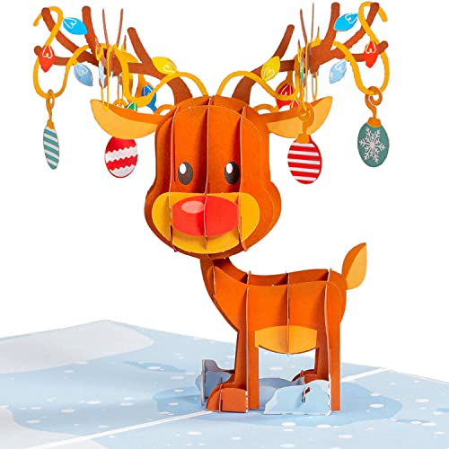 Paper Love 3D Reindeer Pop Up Christmas Card with Envelope & Removable Note Tag (5 x 7) - Reindeer Variation