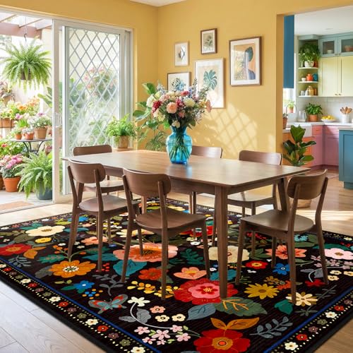 Floral Washable 5x7 Area Rug - Non-Slip Low-Pile Boho Flower Carpet