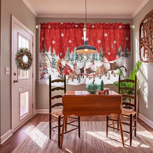 WeFrea Red Christmas 3-Piece Kitchen Curtain Set 27.5"W x 36"L Snowflake Trees Valance 54"W x 18"