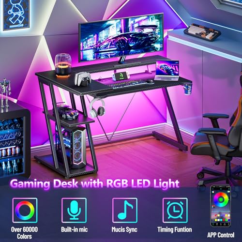 40-Inch L-Shaped Gaming Desk with LED Lights, Power Outlets & Storage Shelves