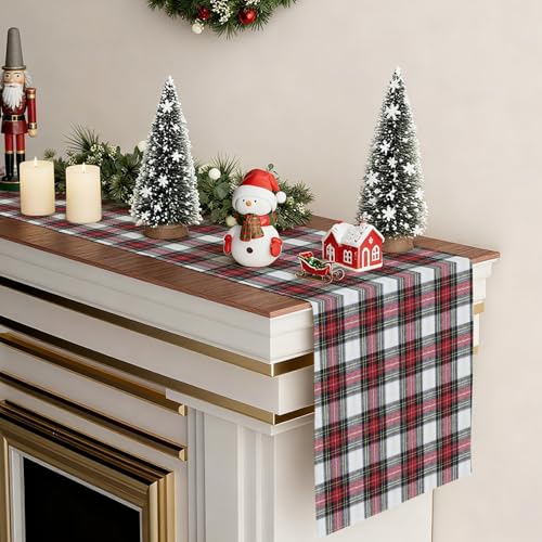 OTOSTAR Red & White Scottish Plaid Christmas Table Runner 13x60 Inch