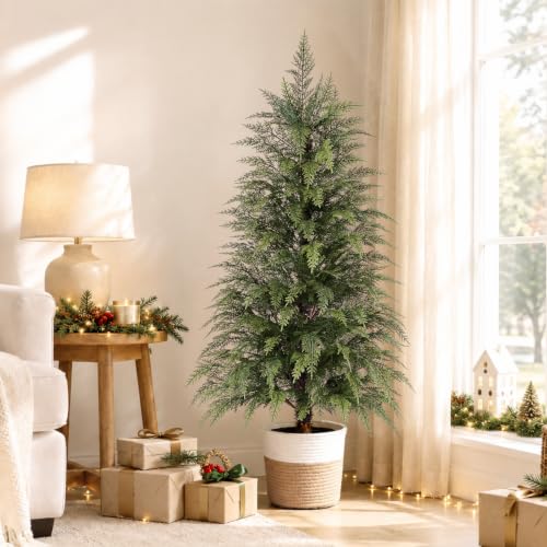 Waipfaru 4FT 2-Pcs Dark Green Cypress Artificial Christmas Trees in Woven Baskets - Outdoor/Indoor